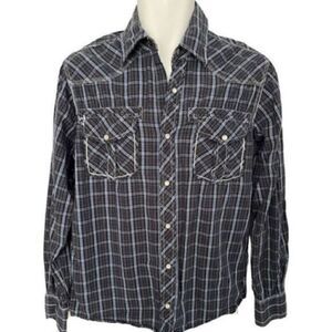 Red Snap Blue and White Plaid Distressed Long Sleeve Snap button Shirt. Size Med